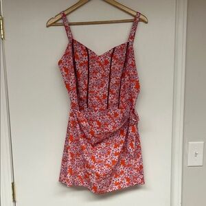 Orange and Pink Floral Spaghetti Strap Mini Skort Wrap Romper